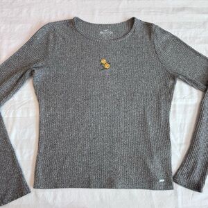 Hollister Gray‎ Ribbed Long Sleeve Textured Shirt, Baby Tee, Size Large Y2K